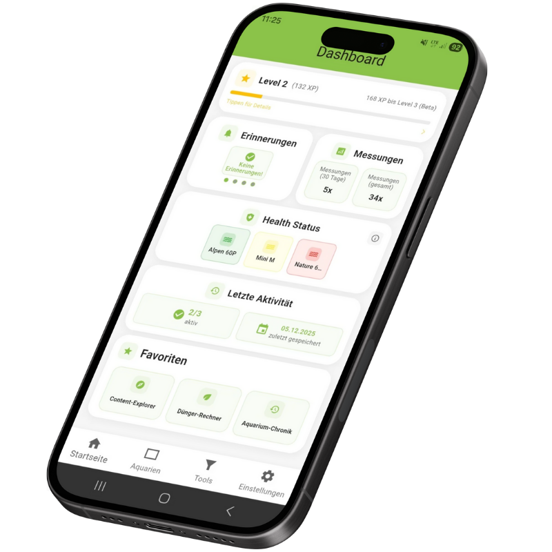 AquaHelper Dashboard mit Level-Fortschritt, Erinnerungen, Health-Status und Favoriten