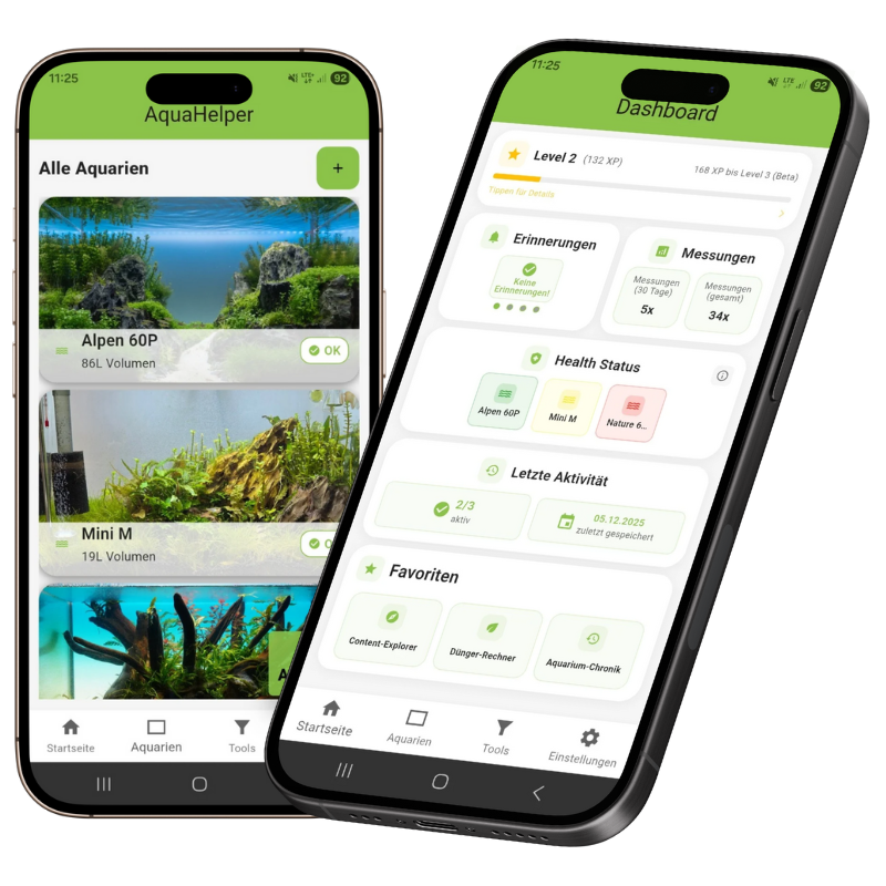 AquaHelper auf zwei Smartphones: Aquarienübersicht und Dashboard